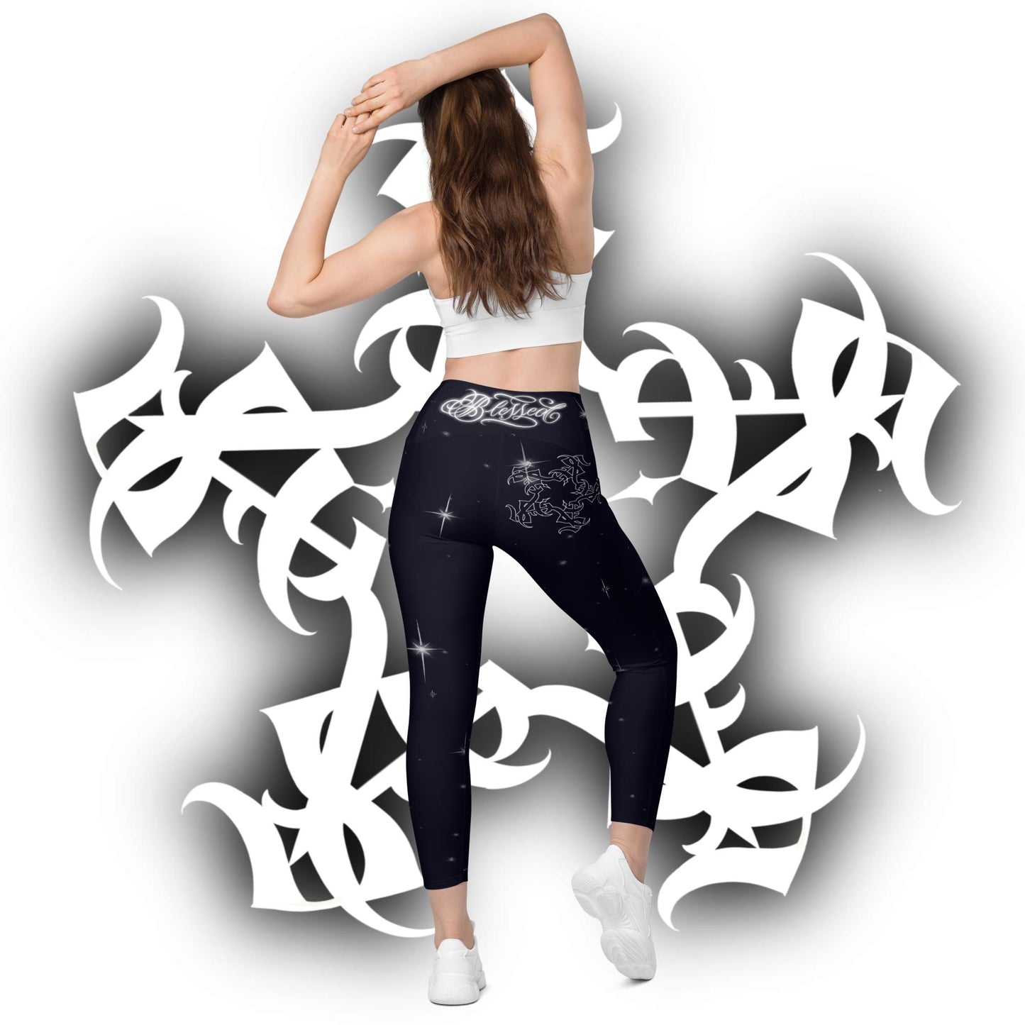 Crossover leggings with pockets “Black Starry Night”