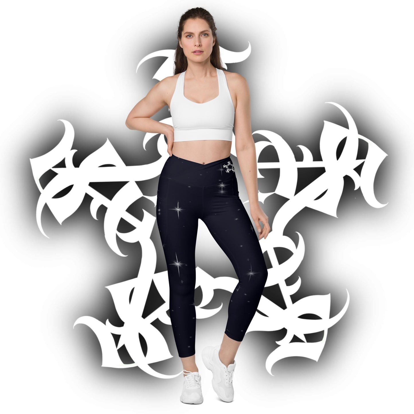 Crossover leggings with pockets “Black Starry Night”