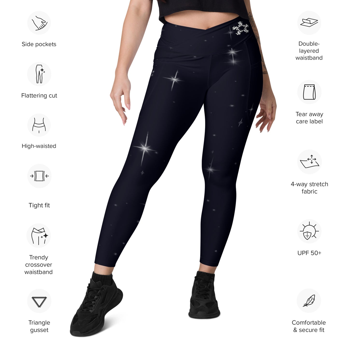 Crossover leggings with pockets “Black Starry Night”