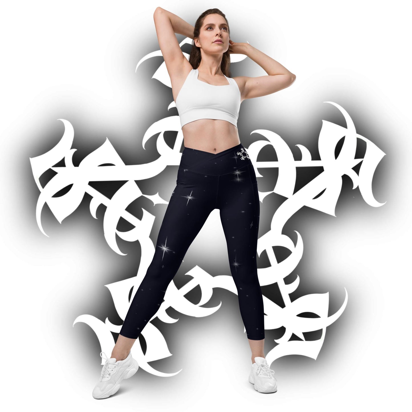 Crossover leggings with pockets “Black Starry Night”