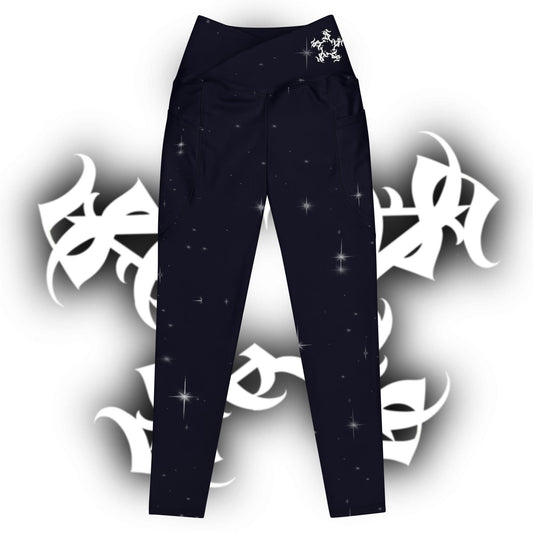 Crossover leggings with pockets “Black Starry Night”