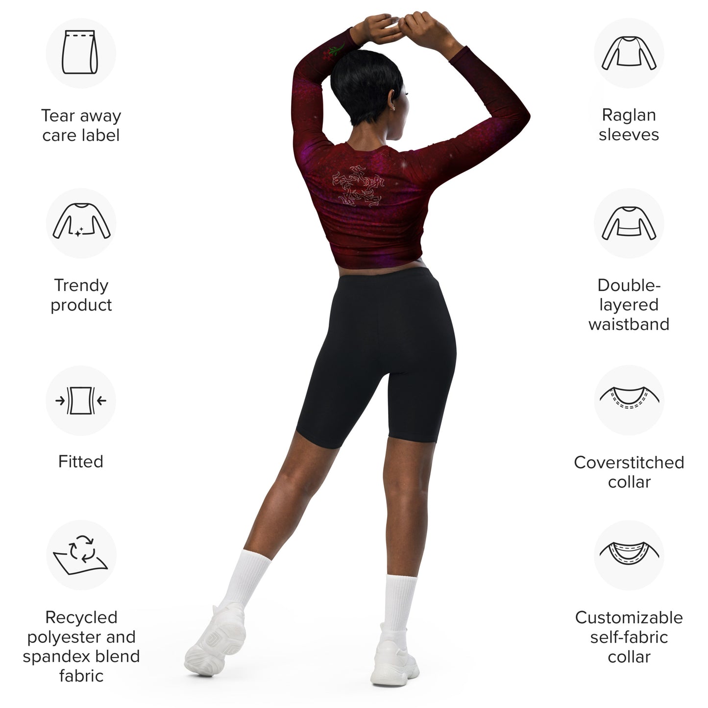 Long-sleeve crop top Burgundy Galaxy print