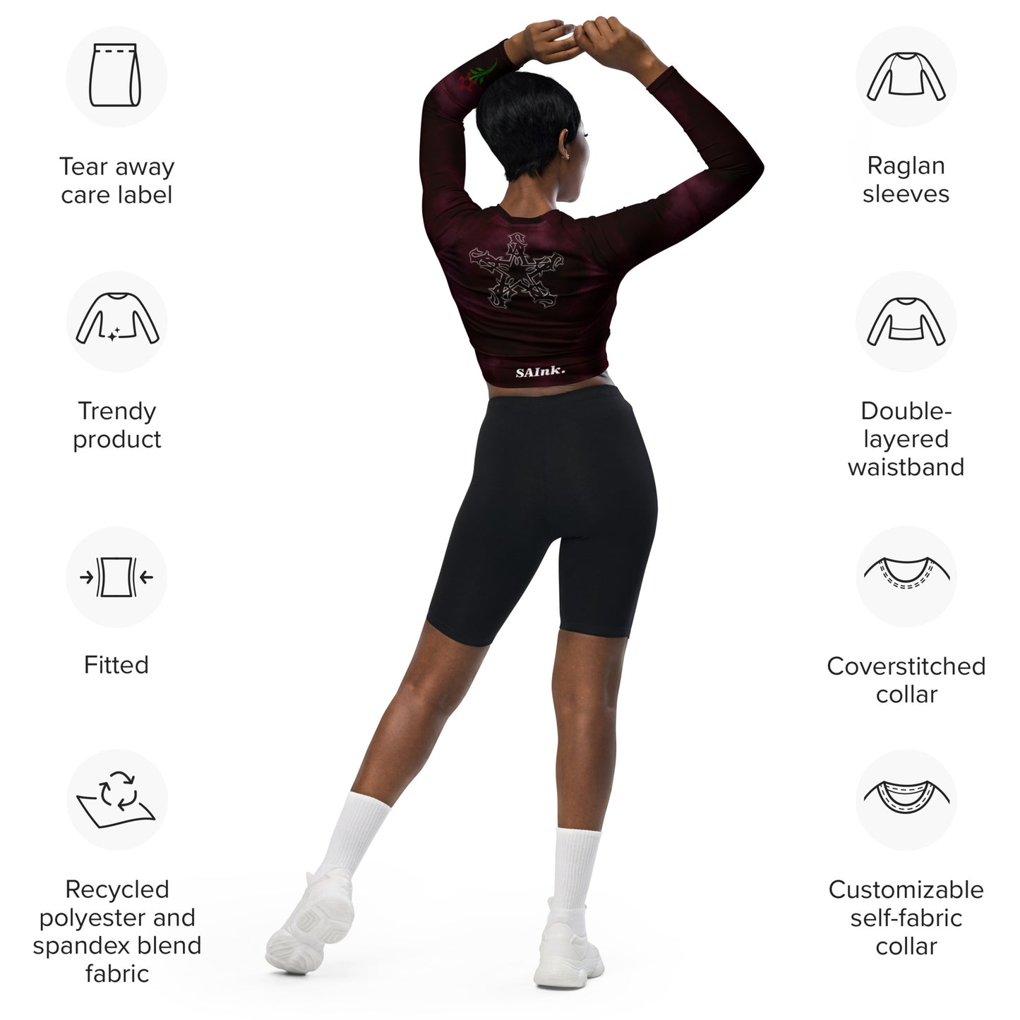 Recycled long-sleeve crop top Burgundy Storm