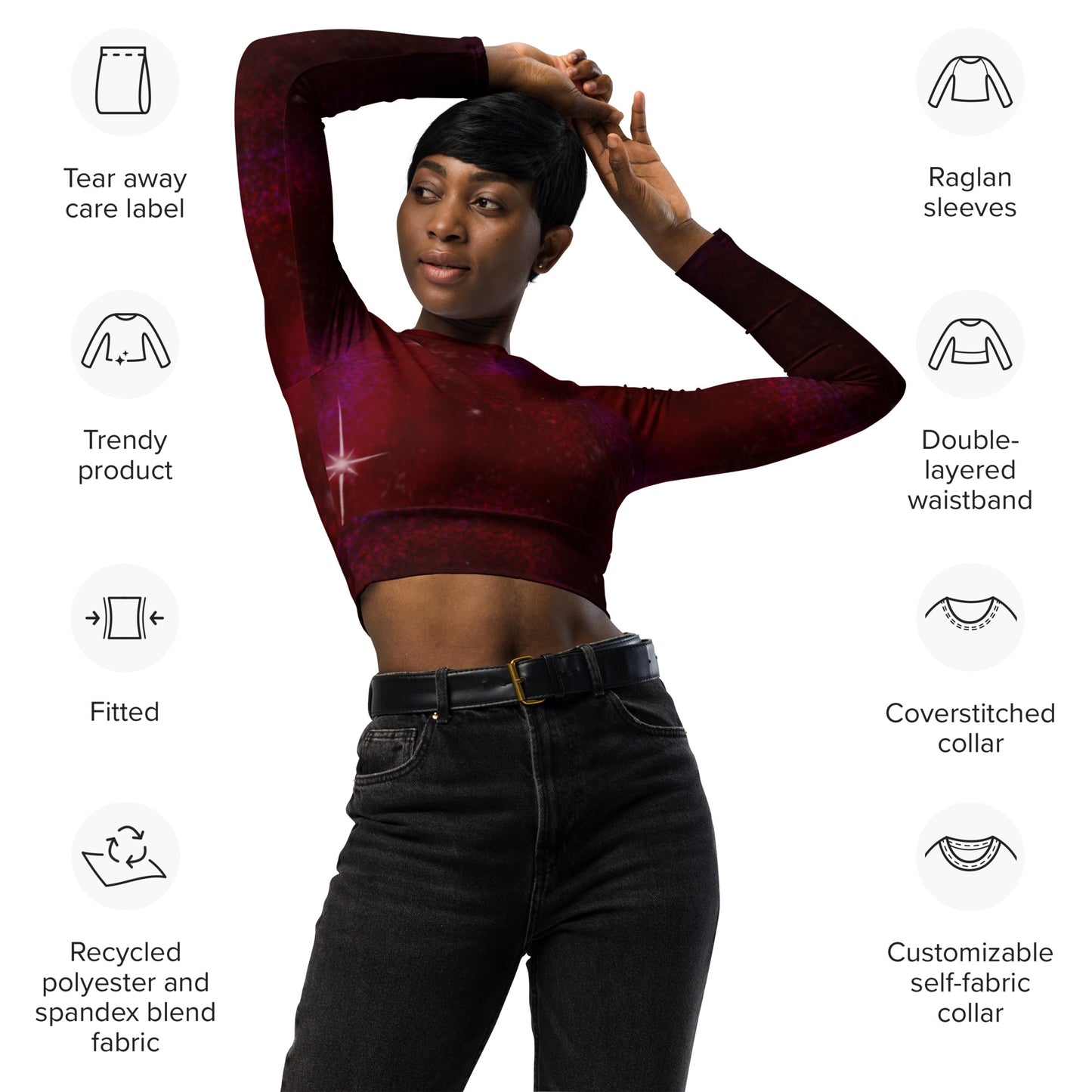 Long-sleeve crop top Burgundy Galaxy print