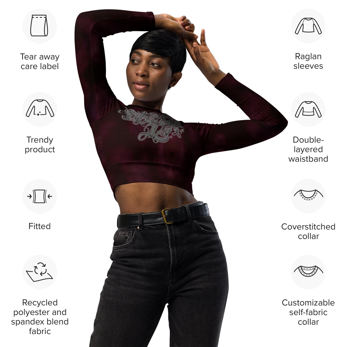 Recycled long-sleeve crop top Burgundy Storm