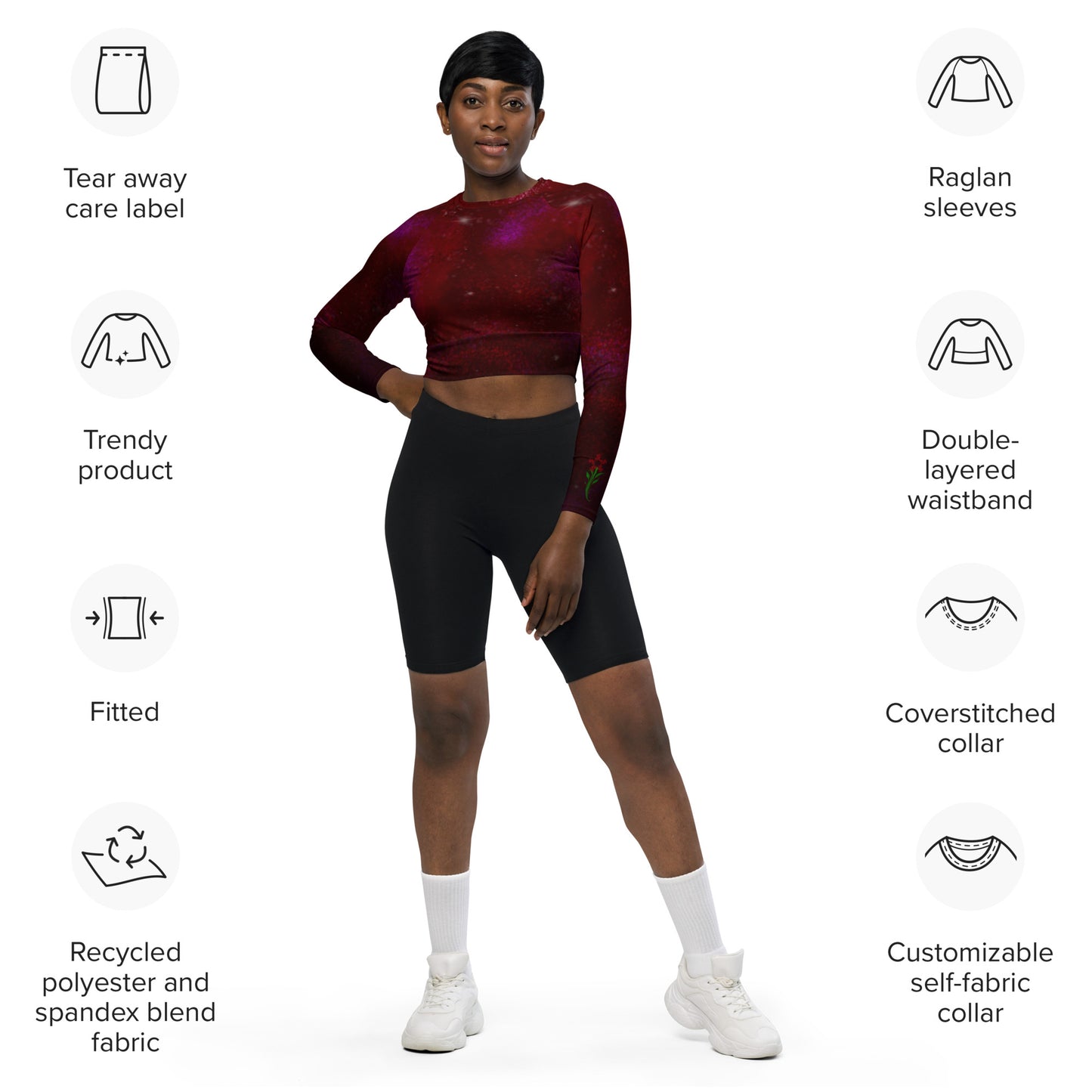 Long-sleeve crop top Burgundy Galaxy print