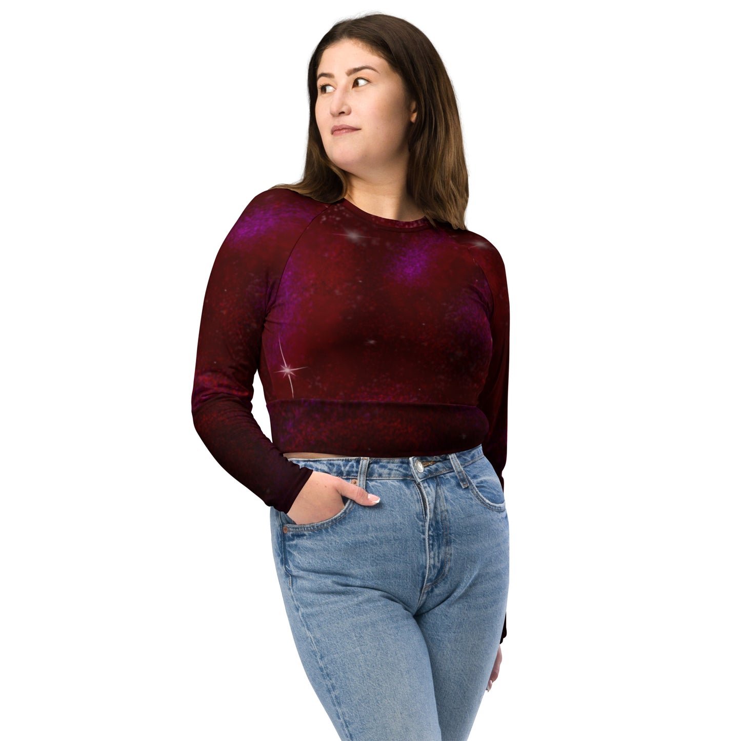 Long-sleeve crop top Burgundy Galaxy print
