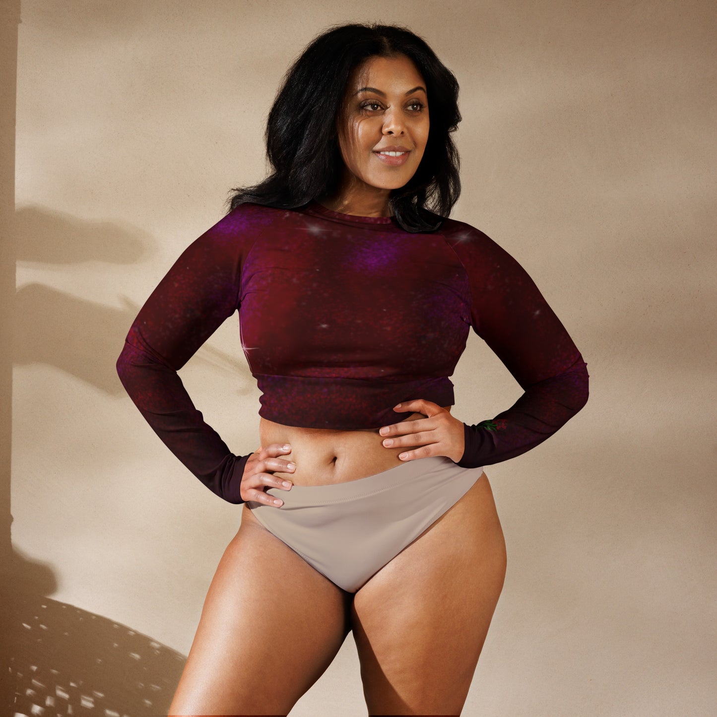 Long-sleeve crop top Burgundy Galaxy print