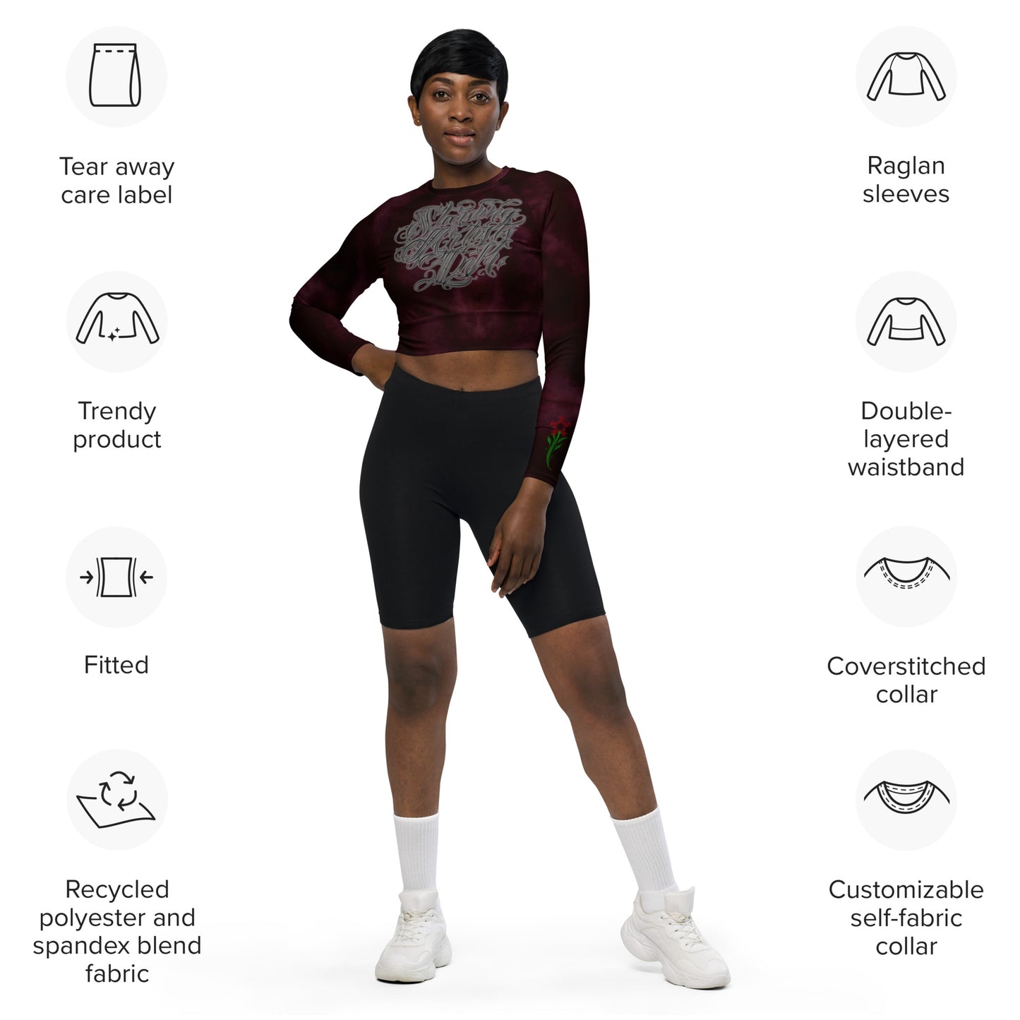 Recycled long-sleeve crop top Burgundy Storm