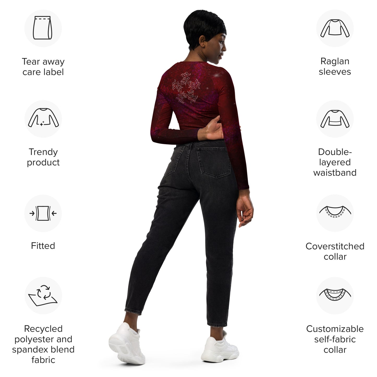 Long-sleeve crop top Burgundy Galaxy print